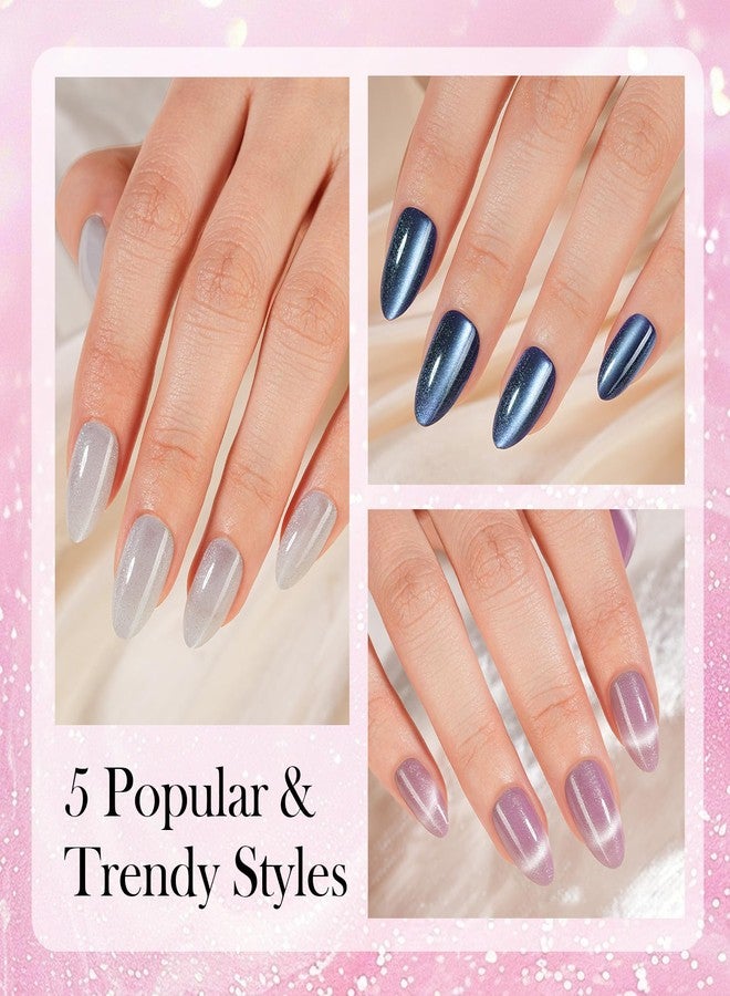 Vansiho 300Pcs Cat Eye Press on Nails, Glossy Glitter Cat Eye Designs Nail Tips for Women, Medium Almond Soft Gel Fake Nails, for Women and Girls Glossy Reusable Nail Tips in 15 Sizes - Image 5